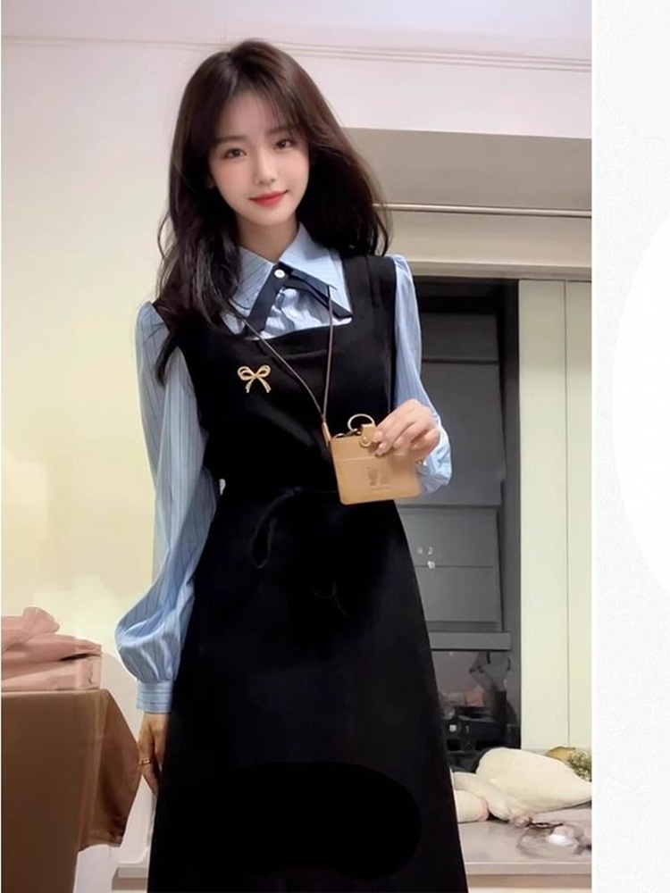 Korean Style A Line Shirt Dress - Elegante abito-camicia nero in stile college,