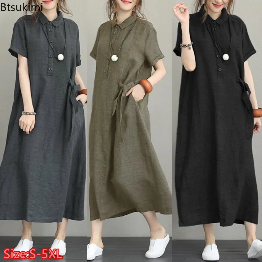 Casual Loose Linen Shirt Dress - Abito Estivo 2026 Semplice Vintage in