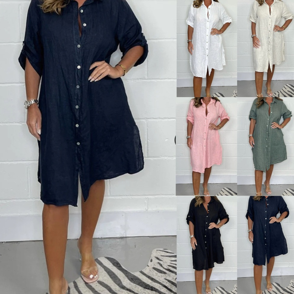 Casual Loose Linen Shirt Dress - Abito-camicia da donna in lino, con