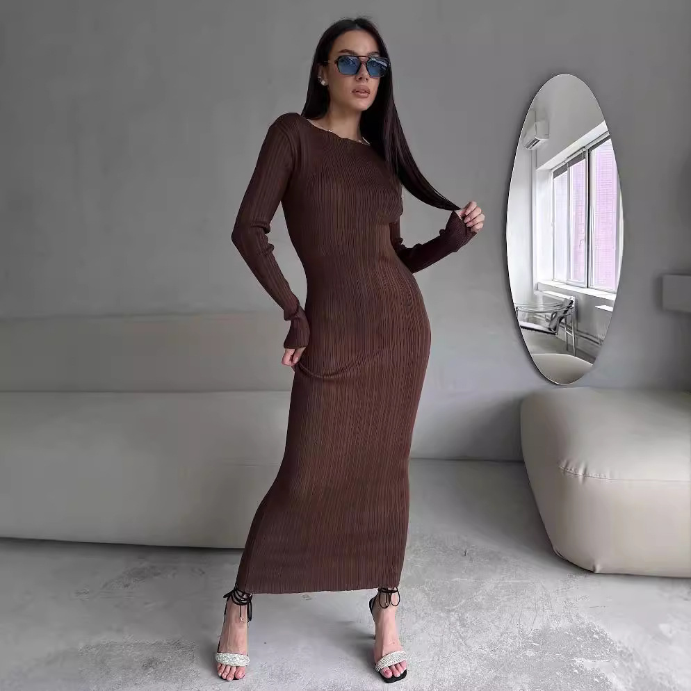 Bodycon Long Sleeve Ribbed Dress - Abito lungo da donna elegante a