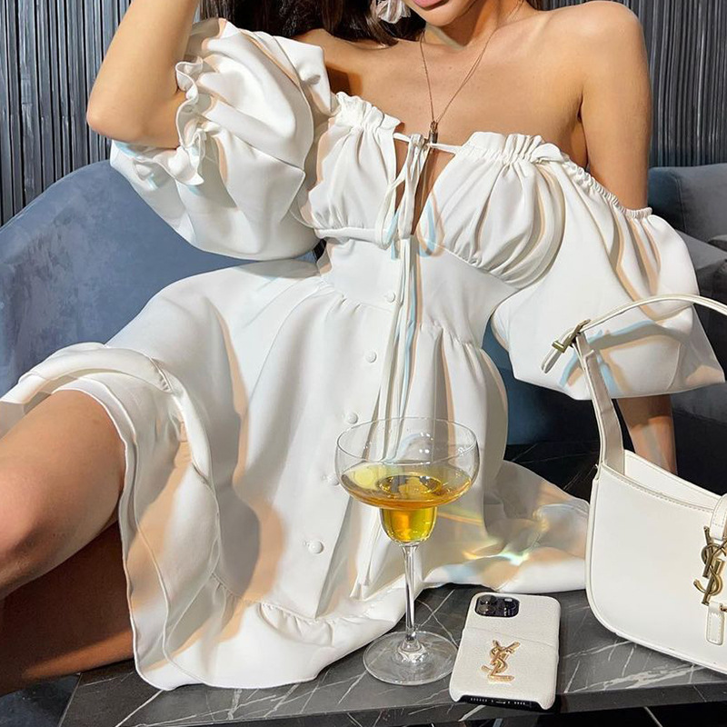 Off Shoulder Puff Sleeve Sundress - Miniabito estivo da donna con spalle
