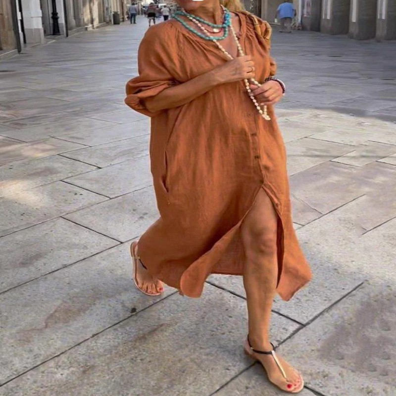 Abito Elegante Primaverile in  - Casual Loose Linen Shirt Dress recensione e prezzo