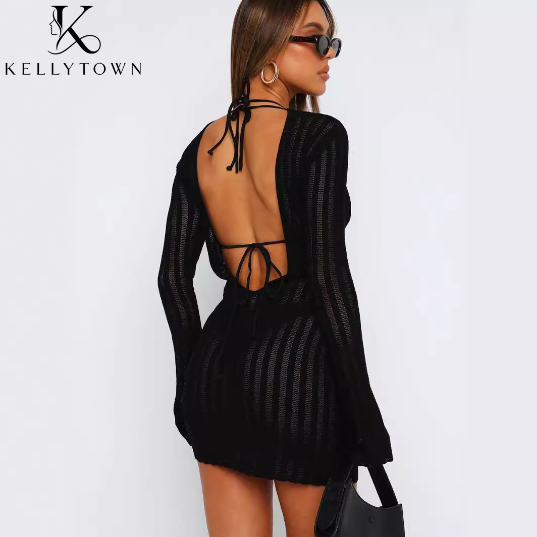 Abito senza schienale sexy in  - Bodycon Long Sleeve Ribbed Dress recensione e prezzo