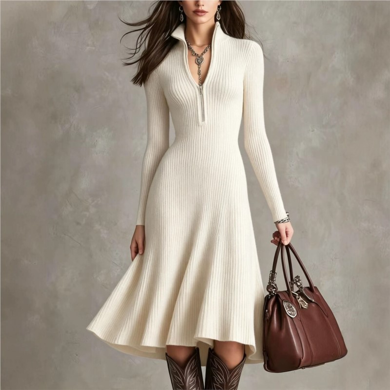 Abito midi in maglia a coste d - Bodycon Long Sleeve Ribbed Dress recensione e prezzo